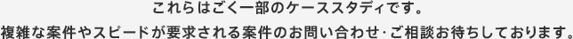 これらはごく一部のケーススタディです。複雑な案件やスピードが要求される案件のお問い合わせ・ご相談お待ちしております。